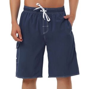 Summer Solid Shorts Drawstring Elastic Waist Swim Beach Board Shorts Dark Blue